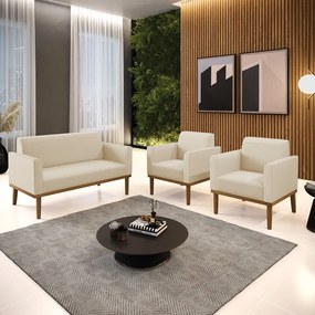 Sofá Namoradeira com 2 Poltronas Base de Madeira Fixa Castanho Marisa Corino - Bege