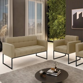 Kit 1 Sofá Namoradeira e 1 Poltrona Elisa Suede Base Metálica Industrial Preto - D'Rossi - Marrom Rato