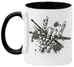 Caneca Caveira Rock Baquetas Branca com Alça Preta