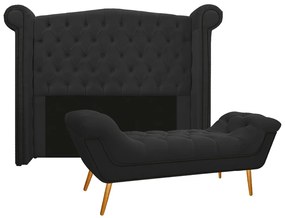 Kit Cabeceira e Calçadeira Veneza 140 cm Casal Suede Preto - ADJ Decor