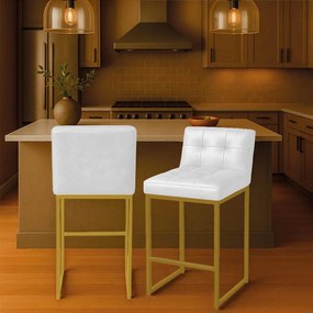 Banqueta Cozinha Alta com Encosto Industrial Kit 2 Dourado Lirina PU C05 - D'Rossi - Branco