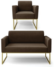Sofá Namoradeira com Poltrona Base Industrial Dourado Marisa Suede D03 - D'Rossi - Marrom