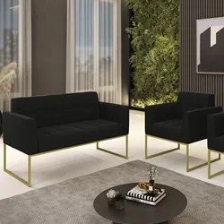 Sofá Namoradeira e 1 Poltrona Base Industrial Dourado Ana Suede Preto