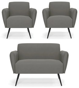 Sofá Namoradeira com 2 Poltronas Pés Palito de Ferro Bruna Suede D01 - D'Rossi - Grafite