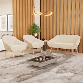 Kit 01 Namoradeira 02 Lugares e 02 Poltronas Giovana Suede Pés Palito Natural - D'Rossi - Bege