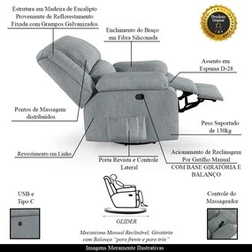 Poltrona do Papai Reclinável Sala de Cinema Madrid Glider Manual Giratória Massagem USB Linho Cinza  G23 - Gran Belo