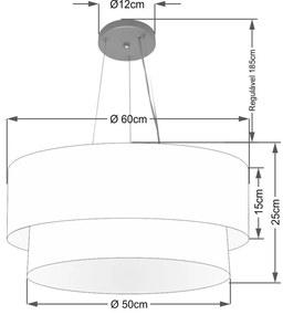 Lustre Pendente Duplo Cilíndrico Vivare Md-4082 Cúpula em Tecido 60x50cm - Bivolt