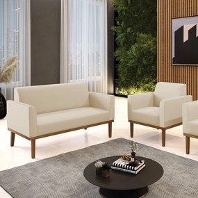 Conjunto Poltrona e Namoradeira Decorativa Isabella Pés Fixo em Madeira Castanho PU Bege G19 - Gran Belo