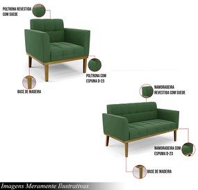 Conjunto 2 Poltronas e 1 Namoradeira Decorativa Karen Pés Fixo em Madeira Castanho Suede Verde G19 - Gran Belo