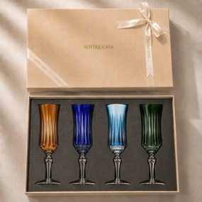 Kit 4 Taças Coloridas de Cristal Flauta Lapidado 66 p/ Champanhe c/ Caixa de Presente - KT05 KT05