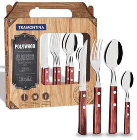 Faqueiro Tramontina Polywood com Facas e Garfos em Lâminas de Aço Inox e Cabos de Madeira Vermelho 24 Peças