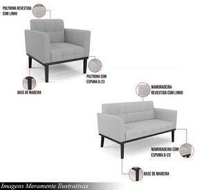 Conjunto Poltrona e Namoradeira Decorativa Karen Pés Fixo em Madeira Preto Linho Cinza G19 - Gran Belo