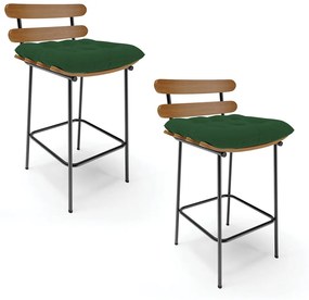 Kit 02 Banquetas Costela Veludo Base Metálica Preto - D'Rossi - Verde
