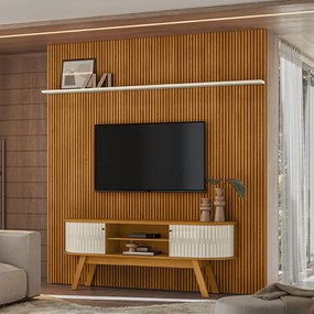Painel TV 75 Pol 238cm Ripado Kalven com Rack Bancada Enzari M20 - D'Rossi - Cinamomo(fosco)/Off White(brilho)