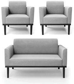 Conjunto 2 Poltronas e 1 Namoradeira Decorativa Isabella Pés Fixo em Madeira Preto Suede Cinza G19 - Gran Belo