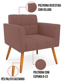 Kit 1 Sofá Namoradeira e 2 Poltronas Elisa Veludo Pés Palito Castanho D03 - D'Rossi - Rose