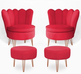 Conjunto 2 Poltrona Dália com 2 Puff Chloe Pés Hairpin Legs Bronze Veludo Vermelho
