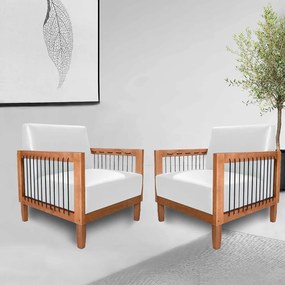 Kit 2 Poltronas Sala de Estar Pés Madeira Maciça Corda Náutica Preta 75cm Manila PU Branco G63 - Gran Belo