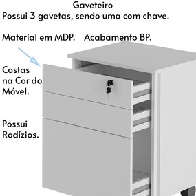 Gaveteiro com Chave para Escritório Home Office ME4148 MDP Branco G69 - Gran Belo