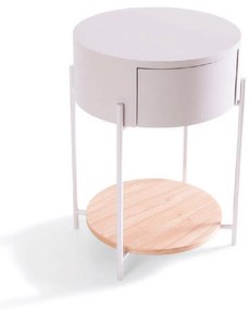 Mesa de Cabeceira Pollina Redonda com Gaveta Pintura Laca Fosca Prateleira Laminada Base Aço Carbono Pintura Metalizada