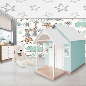 Casinha de Brinquedo Artesanal MDF com Telhado Branco/Verde Água L12 - Gran Belo