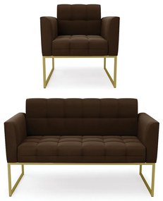 Kit 1 Sofá Namoradeira e 1 Poltrona Elisa Suede Base Metálica Industrial Dourado - D'Rossi - Marrom