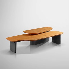 Mesa de Centro Alis Design Oval e Orgânico 2 Peças com Acabamento em Lâmina Madeira Reflorestada Pés Laqueados