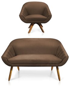Kit 01 Namoradeira 02 Lugares e 01 Poltrona Giratória Giovana Suede Marrom Base Madeira MM30 - D'Rossi
