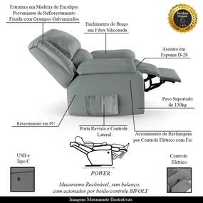 Poltrona do Papai Reclinável Sala de Cinema Madrid Controle Power Elétrico USB PU Cinza  G23