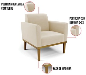 Poltrona Base de Madeira Fixa Castanho Marisa Suede D03 - D'Rossi - Bege