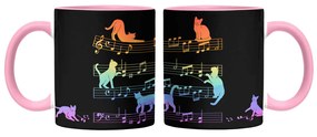 Caneca Gato Musical Arco Iris Cat Lover Preta com Alça Rosa