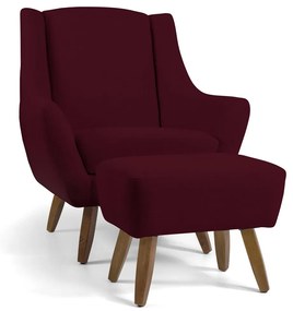 Poltrona Decorativa com Puff Sala de Estar Pés de Madeira Naomi Veludo Marsala G15 - Gran Belo