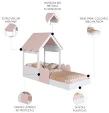Cama Solteiro Infantil Montessoriana Casinha Nana Branco/Rosa C06 - Mp