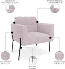 Poltrona Para Sala Pé Metal Preto Kit 2 Ana Bouclé Rosê - Ibiza