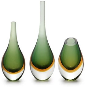 Conjunto 3 Gotas Mini Bicolor Verde com Âmbar Murano Cristais Cadoro