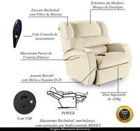 Poltrona do Papai Sala de Cinema Reclinável Kylie Controle Power Elétrico USB PU Bege G23