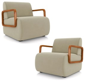 Kit 2 Poltronas Decorativa Sala de Estar Odessa Braços em Madeira Veludo Bege G33 - Gran Belo