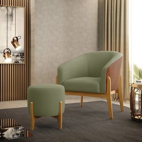 Poltrona e Puff Decorativo Base Madeira Stella PU Nozes/Bouclê D03 - D'Rossi - Pistache
