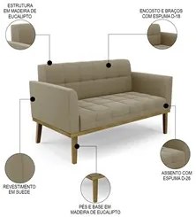 Sofá Namoradeira e 2 Poltronas Base Madeira Castanho Ana Suede Marrom
