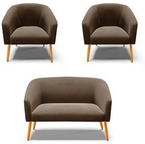 Namoradeira e 2 Poltronas Pé Palito Castanho Stella Suede D03 - D'Rossi - Marrom