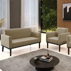 Sofá Namoradeira e 1 Poltrona Base Madeira Preto Maressa Suede Marrom