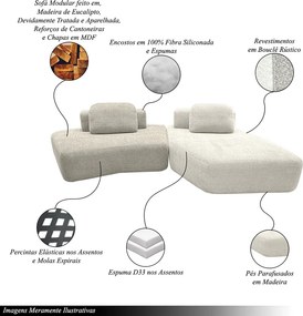 Sofá Ilha Sala de Estar Modulado Dakota com Chaise Encosto Almofadas Soltas Bouclê Rústico Greige/OffWhite G33 - Gran Belo
