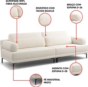 Sofá 3 Lugares Living 254cm Pé Ferro Romeu Bouclê Off White K01 - D'Rossi