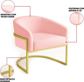 Poltrona Sala Decorativa Industrial Dourada Kit 2 Arielle Suede - Rosa Bebê