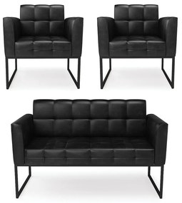 Kit 1 Sofá Namoradeira e 2 Poltronas Elisa Corano Base Metálica Industrial Preto - D'Rossi - Preto