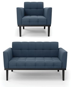 Sofá Namoradeira e Poltrona Base de Madeira Preto Elisa Suede D03 - D'Rossi - Azul Marinho
