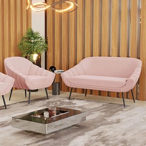 Kit 01 Namoradeira 02 Lugares e 02 Poltronas Giovana Veludo Pés Palito De Ferro D03 - D'Rossi - Rose