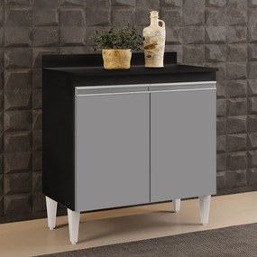 Balcão de Cozinha Lavanderia Com Tampo 02 Portas Sara Preto e Cinza 80 Cm - D'Rossi
