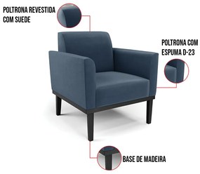 Kit 2 Poltronas Base de Madeira Fixa Preto Marisa Suede - Azul Marinho