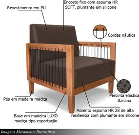 Poltrona Sala de Estar Pés Madeira Maciça Corda Náutica Preta 75cm Manila PU Marrom G63 - Gran Belo